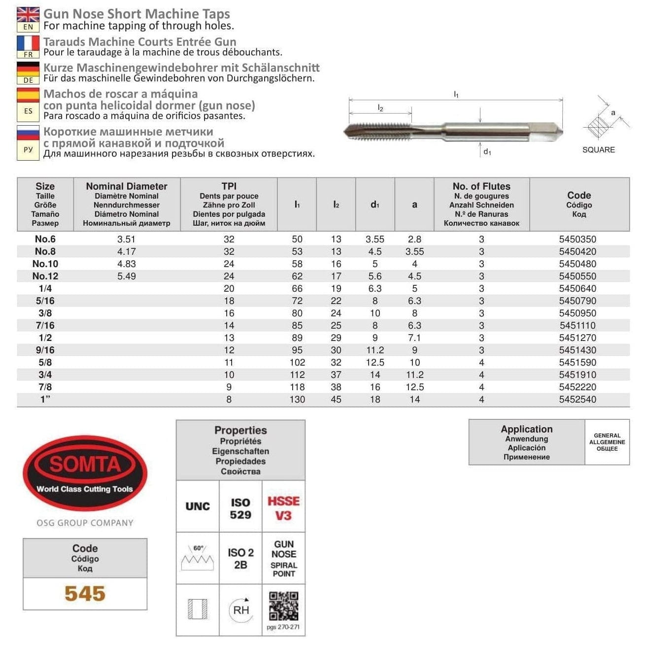 Somta Series 545 - HSSE Gun Nose Spiral Point Short Machine Taps UNC 5/16" x 18 TPI - Twin Eagle Imports