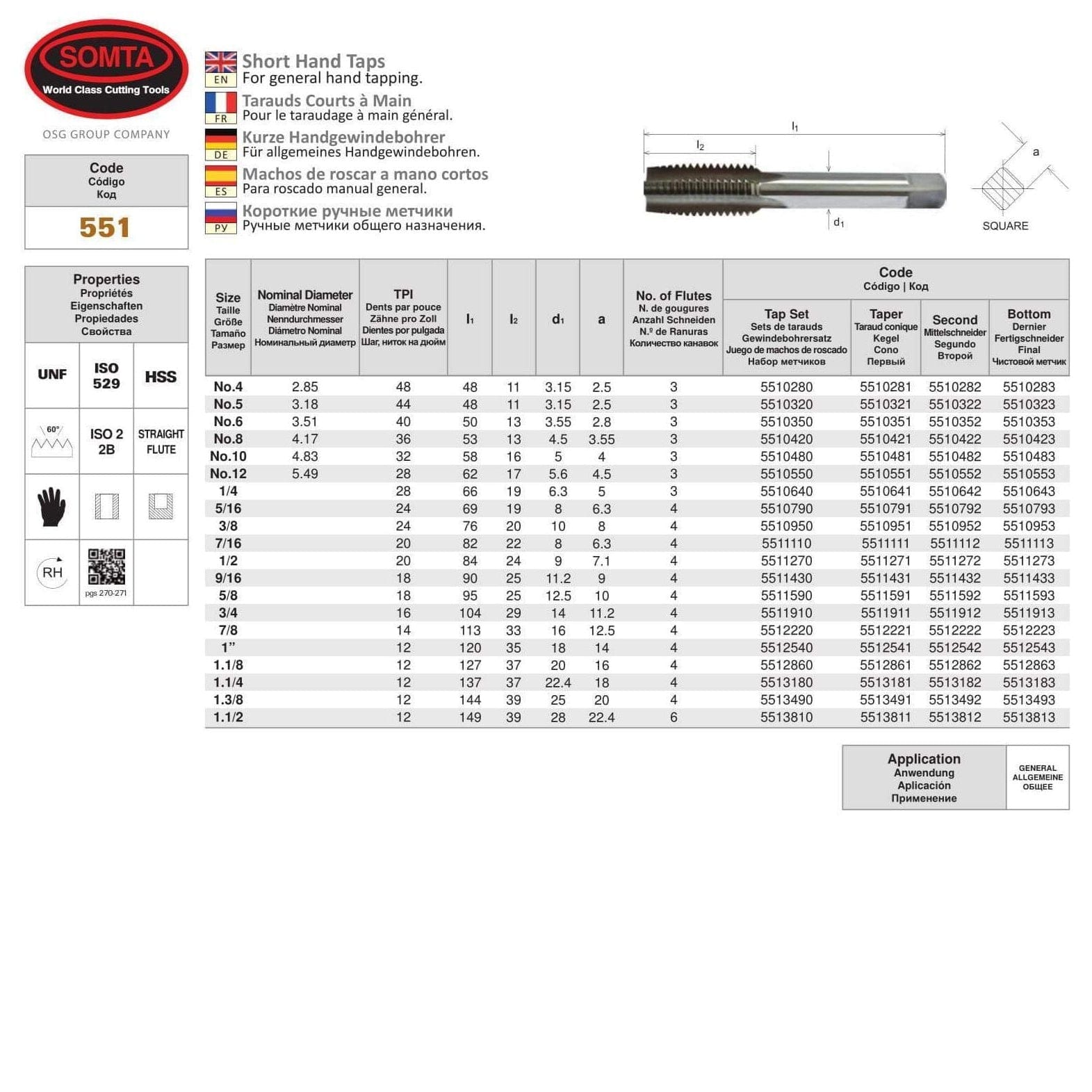 Somta Series 551 - HSS Short Hand Tap No.12 UNF Second (Intermediate) - Twin Eagle Imports