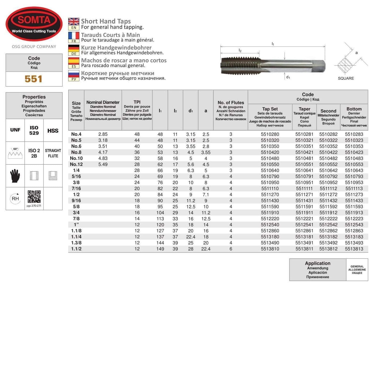 Somta Series 551 - HSS Short Hand Tap No.8 UNF Second (Intermediate) - Twin Eagle Imports