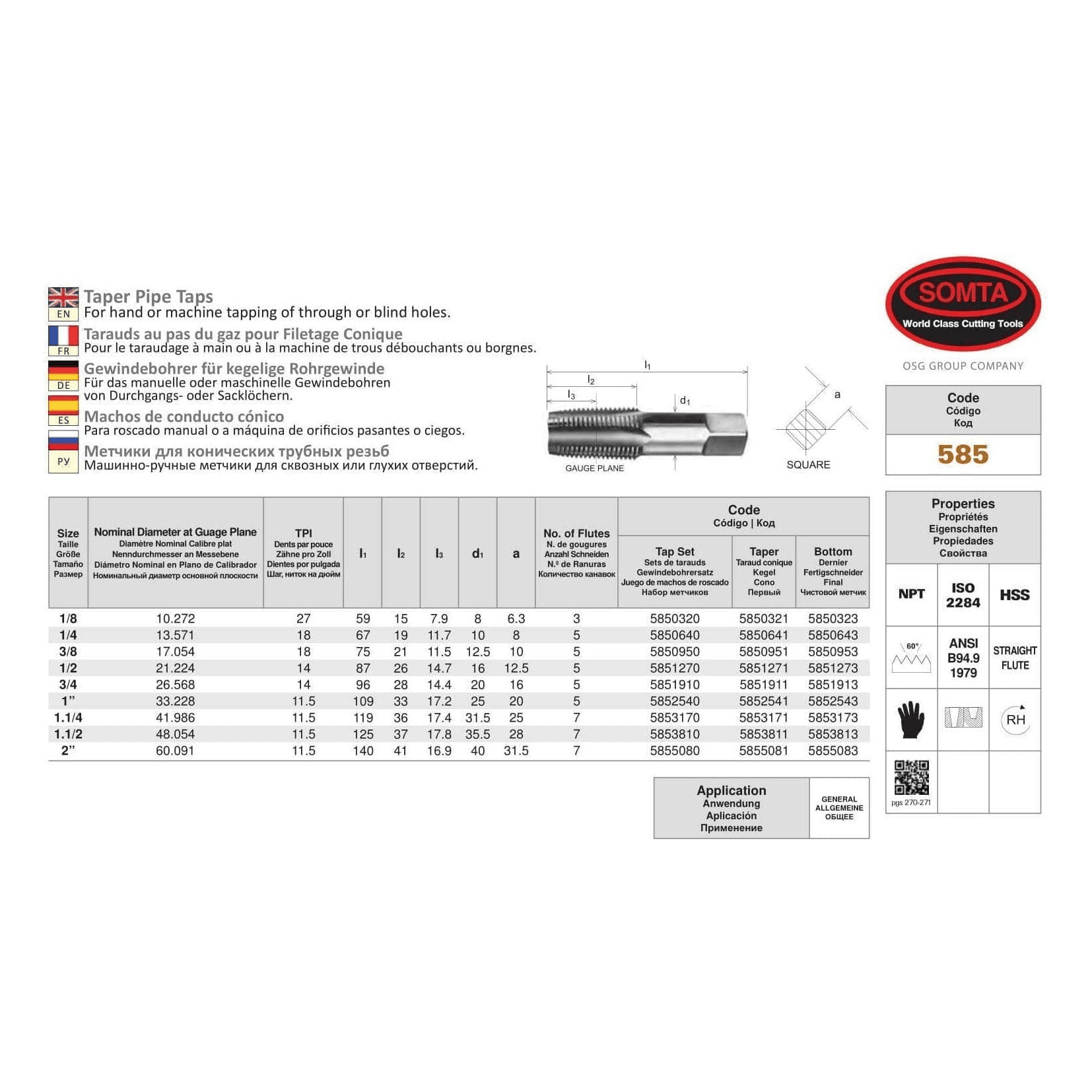 SOMTA - Series 585 HSS NPT Tap 1-1/2" (Straight Flute Taper Pipe Bottom Finishing) - Twin Eagle Imports