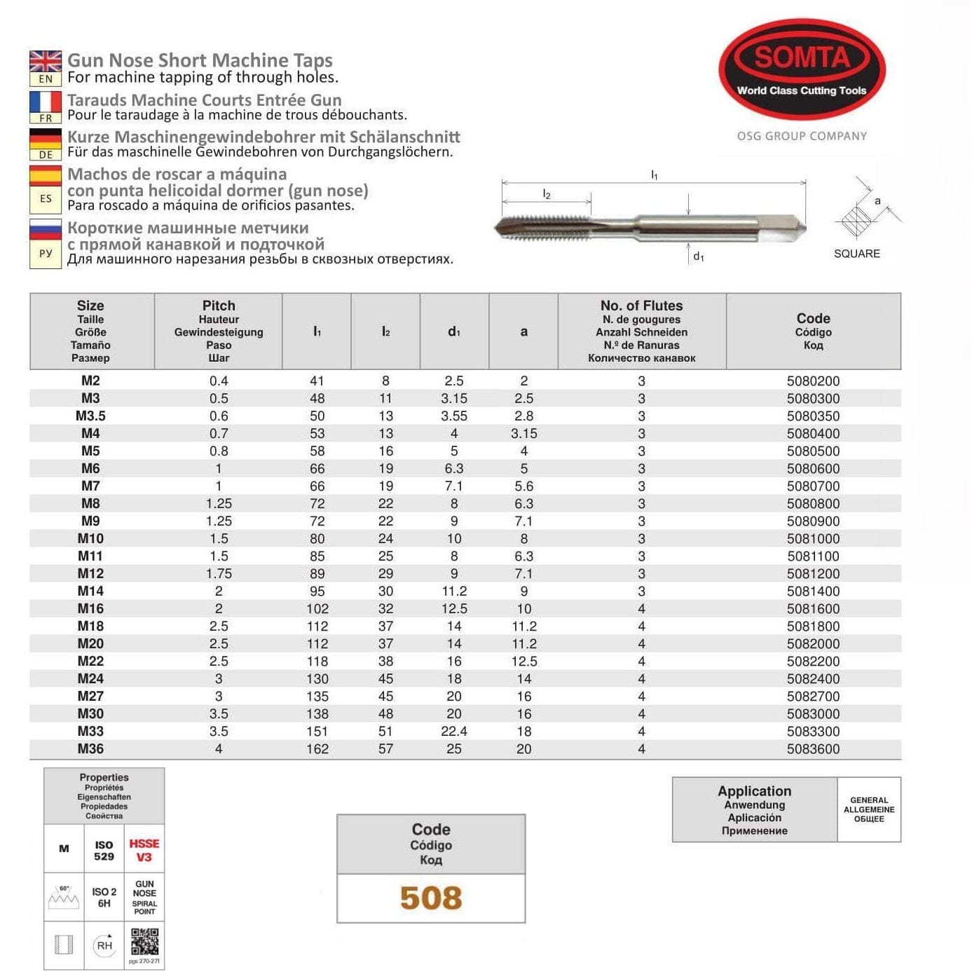 SOMTA Taps & Dies Somta Series 508 - HSSE-V Gun Nose Tap Metric M6 x 1.0 (Standard)