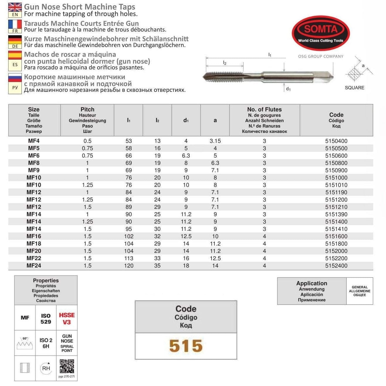 SOMTA Taps & Dies Somta Series 515 - HSSE-V Gun Nose Tap Metric M14 x 1.5 (Fine, Standard)