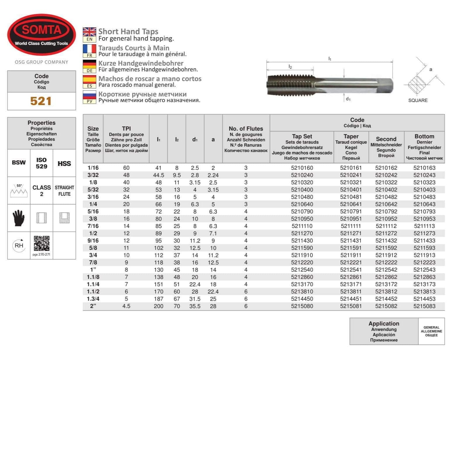 SOMTA Taps & Dies Somta Series 521 - HSS Straight Flute Short Hand Taper (First Tap) BSW 1/16" x 60 TPI