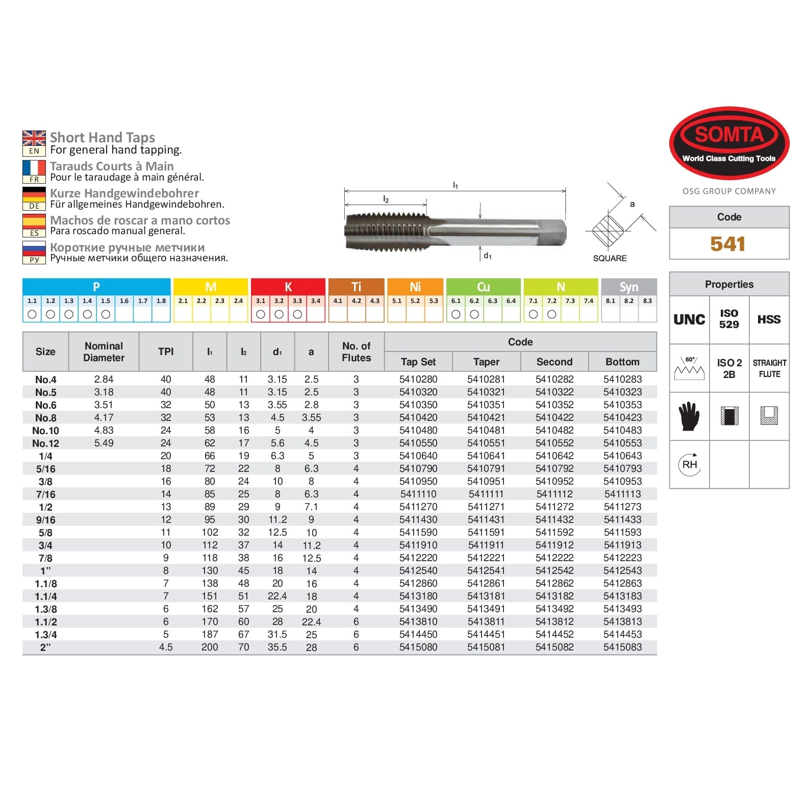 SOMTA Taps & Dies Somta Series 541 - HSS Straight Flute Short Hand Bottom (Finishing) Tap UNC 1" x 8 TPI