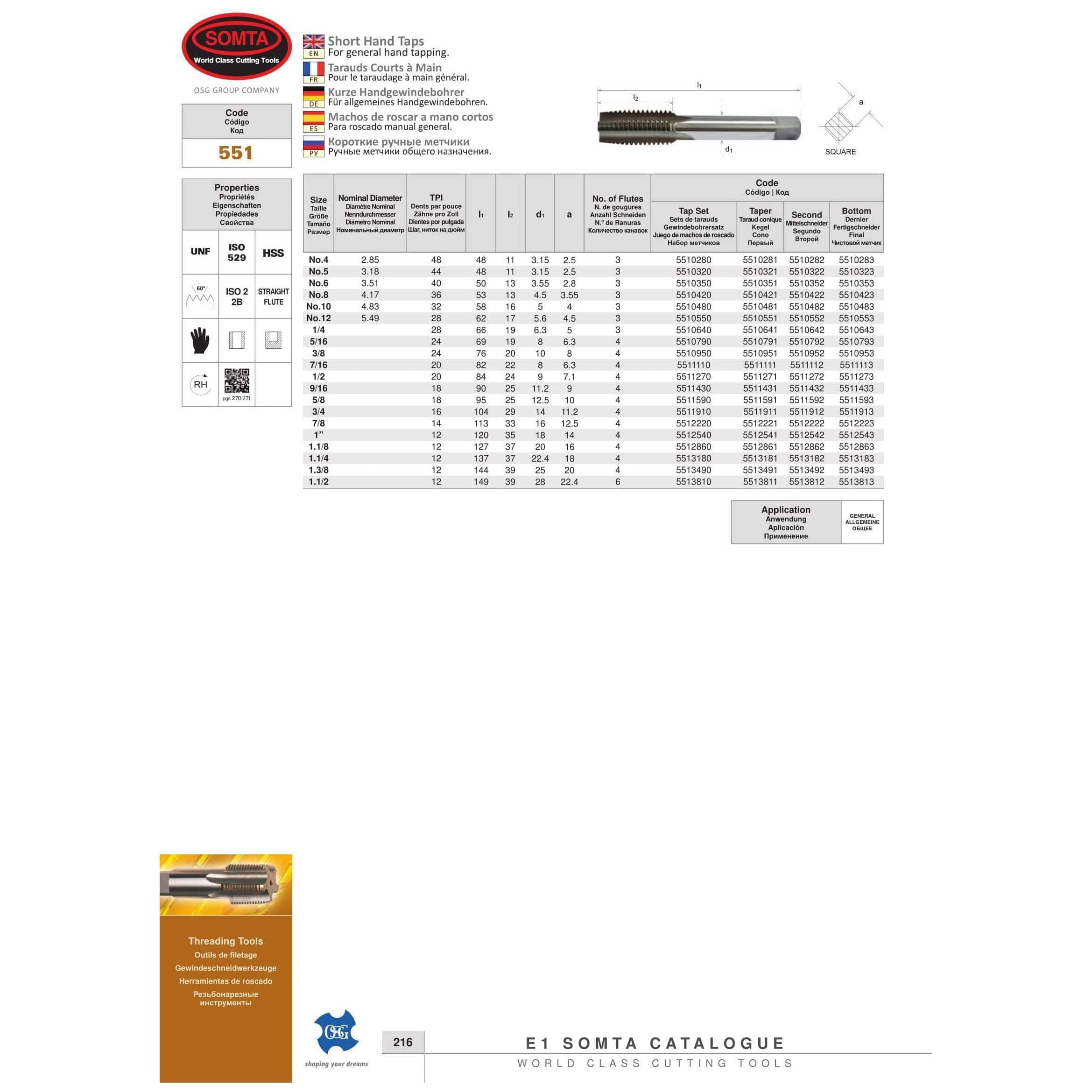 SOMTA Taps & Dies Somta Series 551 - HSS Short Hand Tap No.10 UNF Second (Intermediate)
