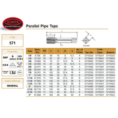 SOMTA Taps & Dies Somta Series 571 - HSS Straight Flute Parallel Pipe Taper (First Tap) BSP-G 1-1/4" x 11 TPI