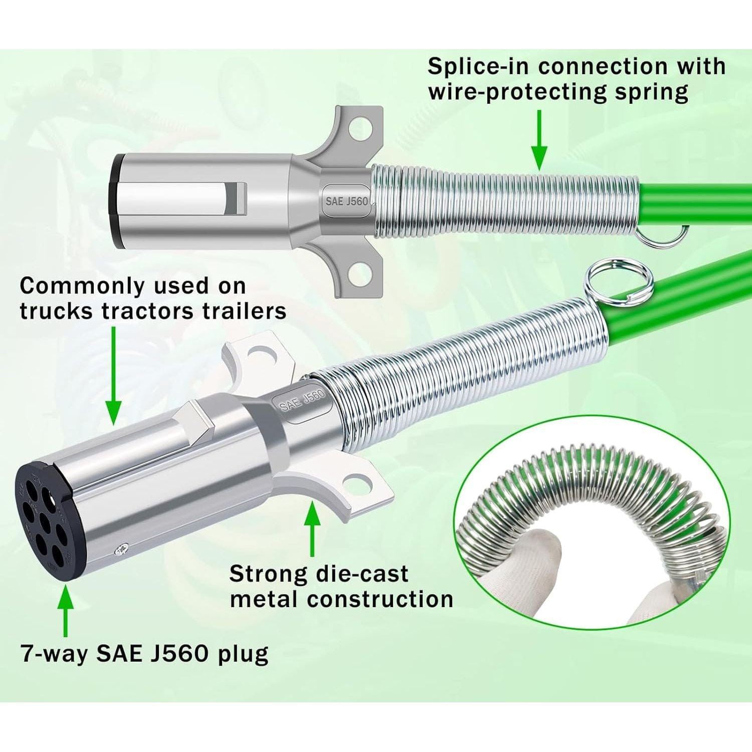 TEI Truck Electrical 7 Way Trailer 15 FT Green ABS Long Tail Spiral Electrical Power cord