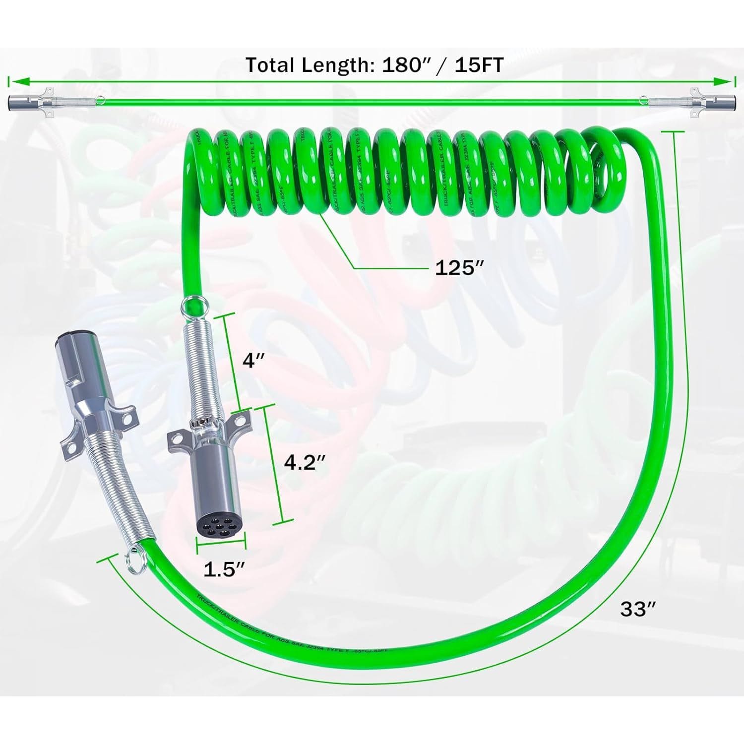 TEI Truck Electrical 7 Way Trailer 15 FT Green ABS Long Tail Spiral Electrical Power cord
