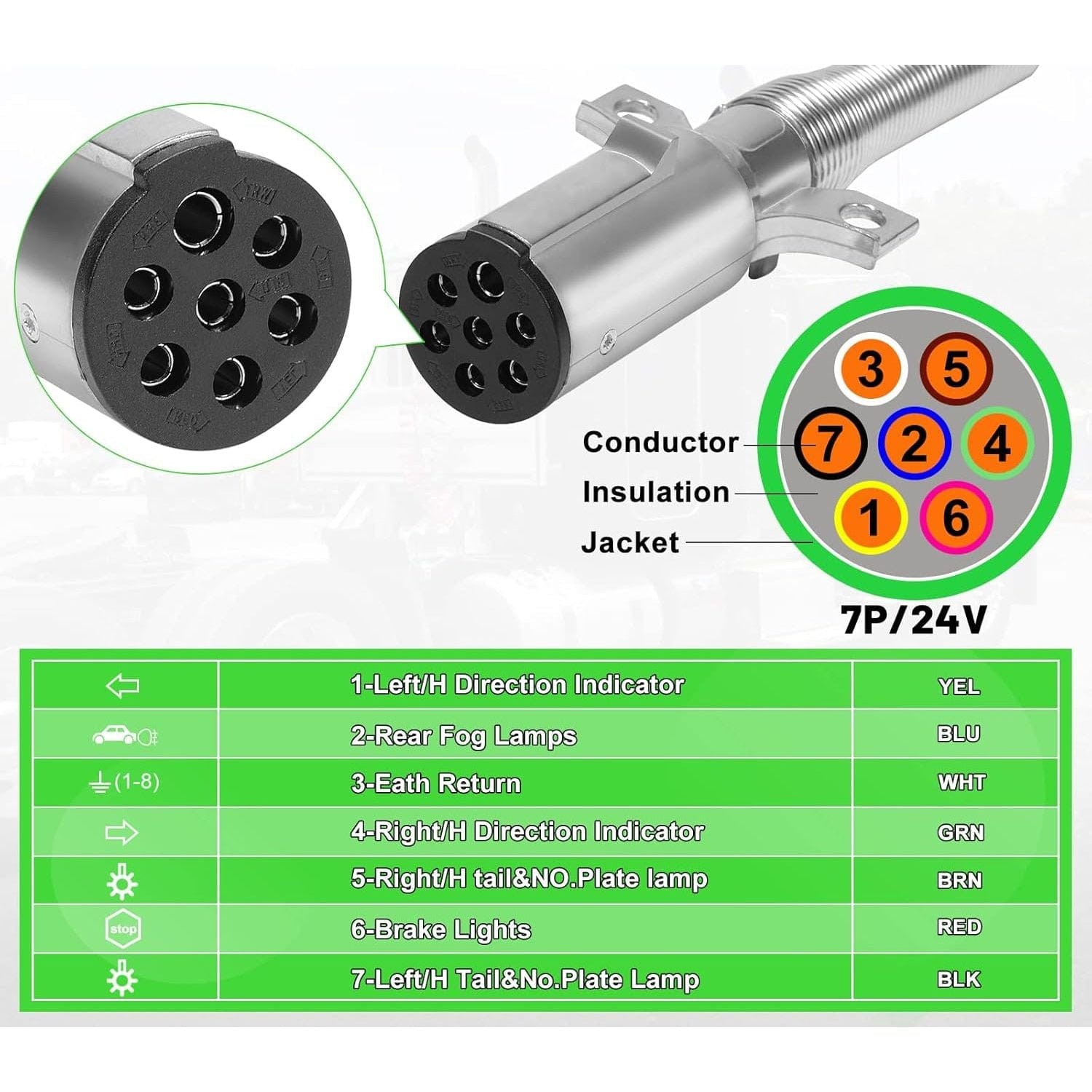 TEI Truck Electrical 7 Way Trailer 15 FT Green ABS Spiral Electrical Power cord