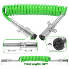 TEI Truck Electrical 7 Way Trailer 15 FT Green ABS Spiral Electrical Power cord