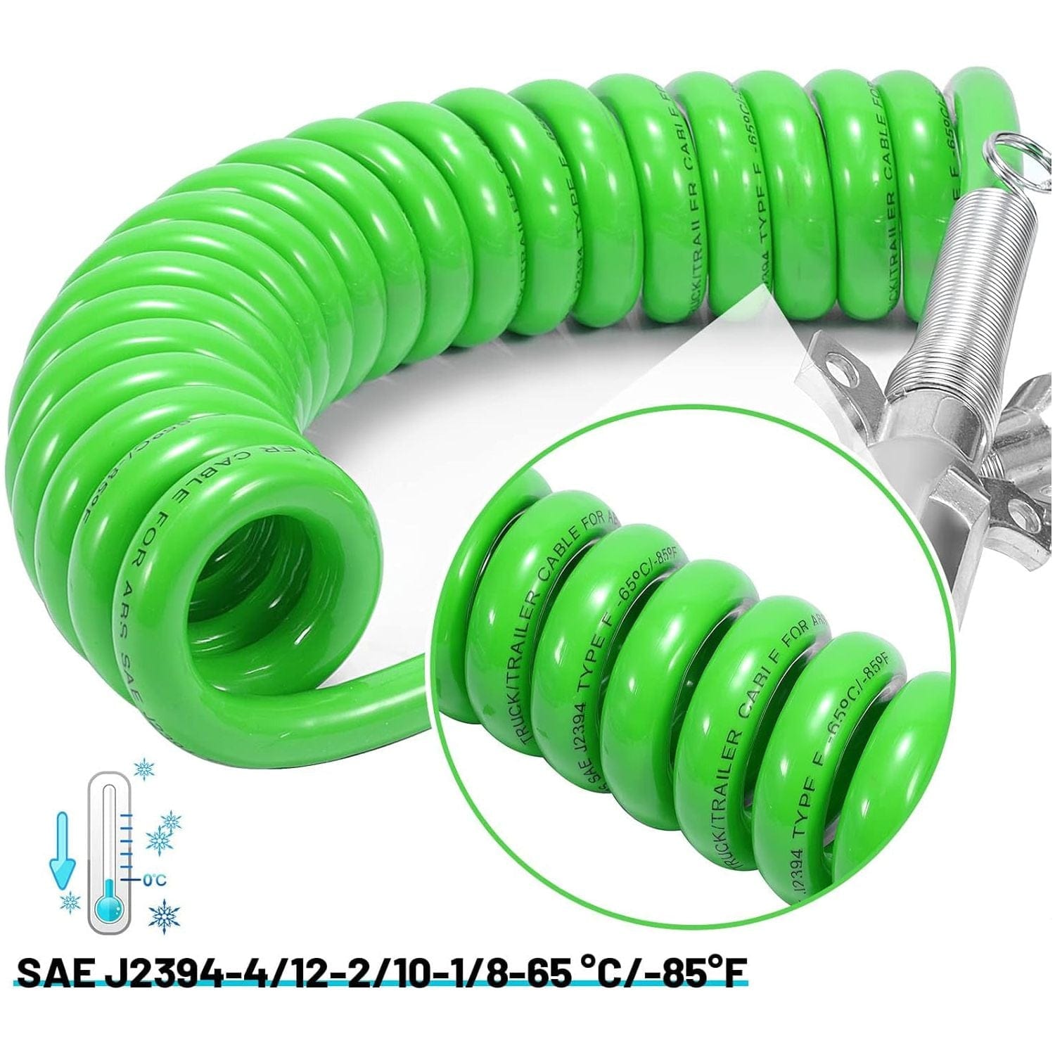 TEI Truck Electrical 7 Way Trailer 15 FT Green ABS Spiral Electrical Power cord