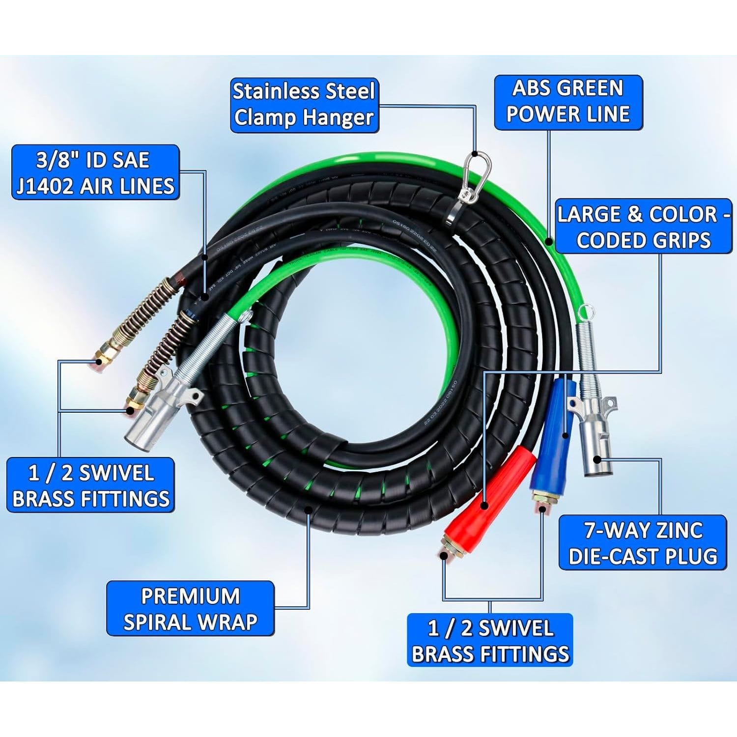 TEI Truck Electrical Heavy Duty 3-in-1 ABS Trailer Air Line Kit – 12 Ft Rubber Air Hoses with Power Line