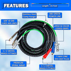 TEI Truck Electrical Heavy Duty 3-in-1 ABS Trailer Air Line Kit – 15 Ft Rubber Air Hoses with Power Line