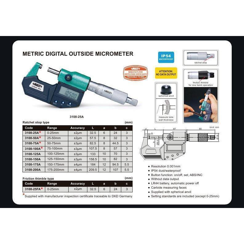 Insize IP65 Digital Outside Micrometer 100-125mm / 4-5" Range Series 3108-125A