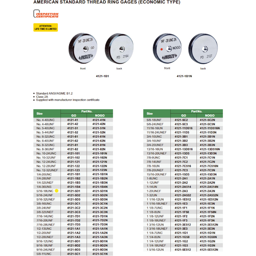 Insize Thread GO Ring Gauge 5/16"-18 UNC Series 4121-5D1