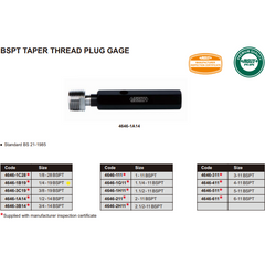 Insize Thread Plug Gauge 1/4"-19 (BS 21-1985) BPST Series - 4646-1B19