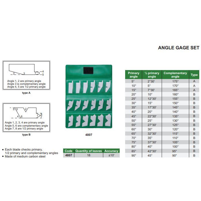 Insize Angle Gage Set 5°–90° Range 18 Blades Series 4807