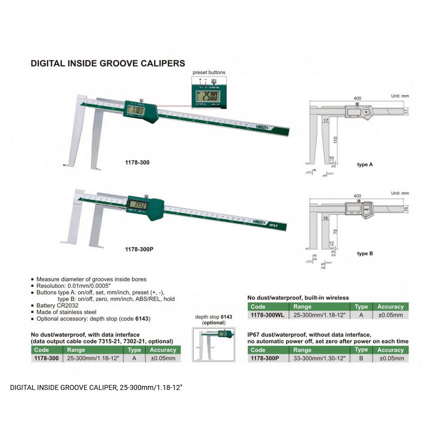 INSIZE Digital Inside Groove Caliper  25 - 300 mm / 1.18-12"Range Series 1178-300