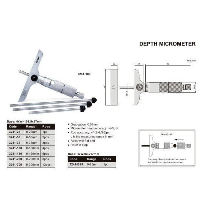 Insize 6pc Metric Depth Micrometer 0-150mm Range Series 3241-150 - Twin Eagle Imports