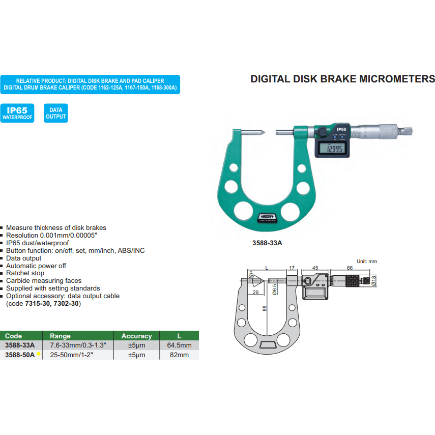 Insize Digital Disc Brake Micrometer 25-50mm Range Series 3588-50A - Twin Eagle Imports