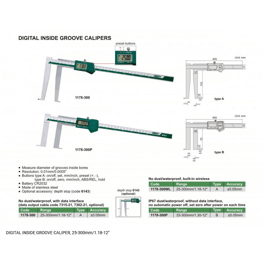 INSIZE Digital Inside Groove Caliper 25 - 300 mm / 1.18-12"Range Series 1178-300 - Twin Eagle Imports