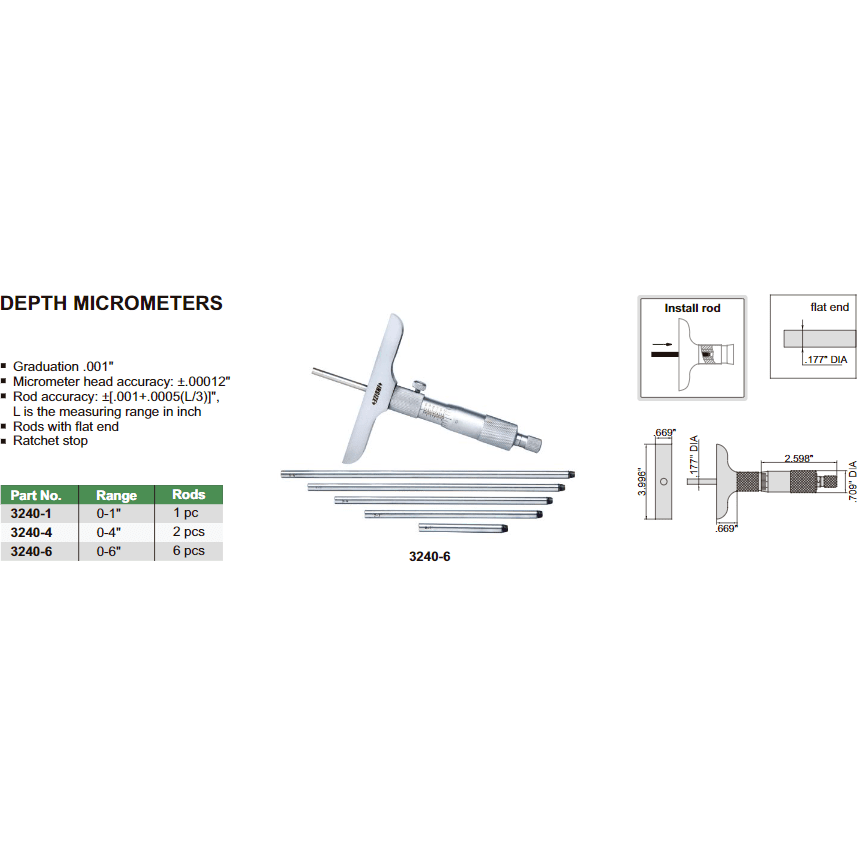 Insize Imperial Depth Micrometer 0-4" Range Series 3240 - 4 - Twin Eagle Imports