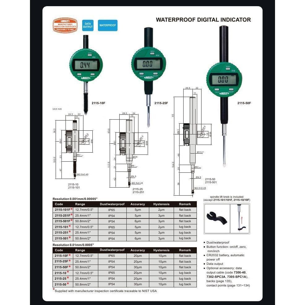 Insize IP54 Coolant Proof Digital Indicator 25.4mm / 1" Range Series 2115-251 - Twin Eagle Imports