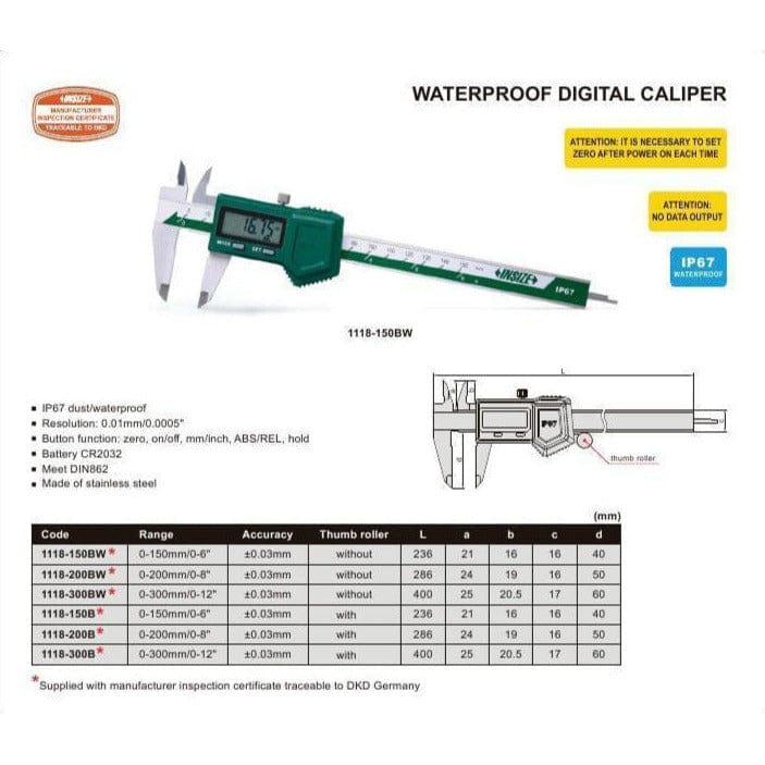 Insize IP67 Digital Caliper 0-200mm/0-8" Range Series 1118-200B - Twin Eagle Imports