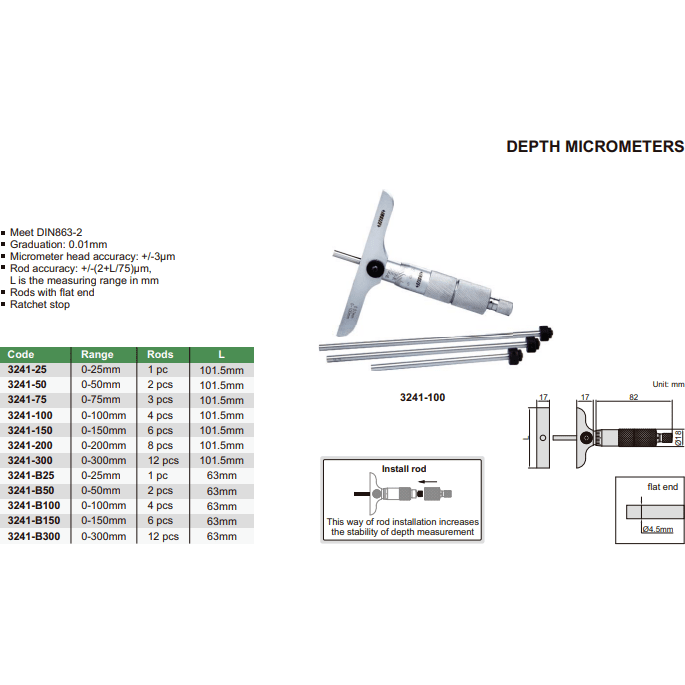 INSIZE Measuring Equipment Insize 1pc Metric Depth Micrometer 0-25mm Range Series 3241-25