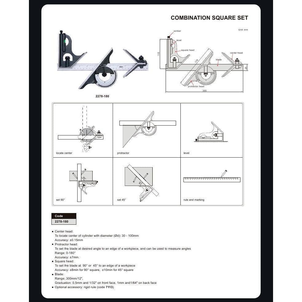 INSIZE Measuring Equipment Insize Combination Square Set Layout Solution 2278-180