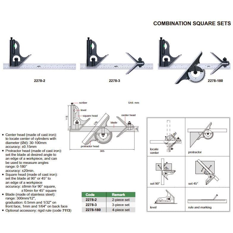 INSIZE Measuring Equipment Insize Combination Square Set Layout Solution 2278-2