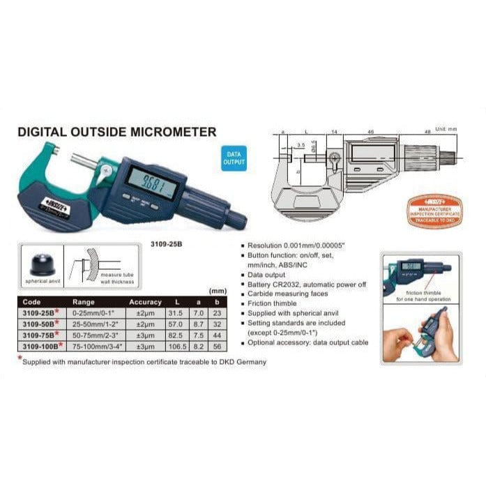 INSIZE Measuring Equipment Insize Digital Outside Micrometer 50-75mm/2-3" Range Series 3109-75A