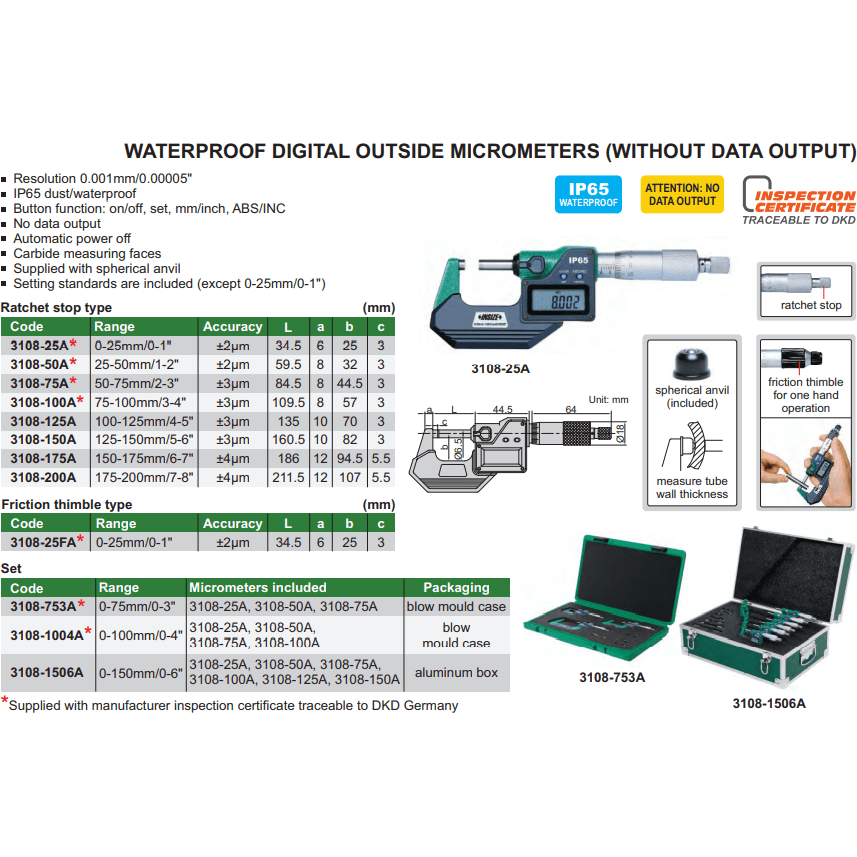 INSIZE Measuring Equipment Insize IP65 Digital Outside Micrometer 175-200 MM/ 7-8" Range Series 3108-200A