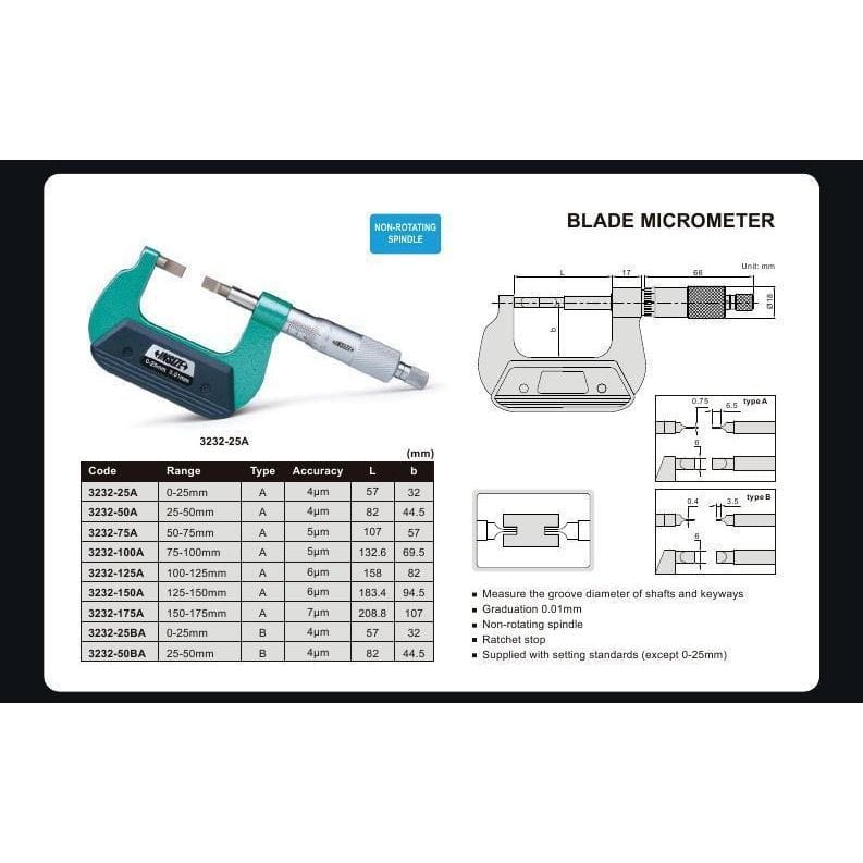 INSIZE Measuring Equipment Insize Metric Outside Blade Micrometer 0-25mm Range Series 3232-25BA