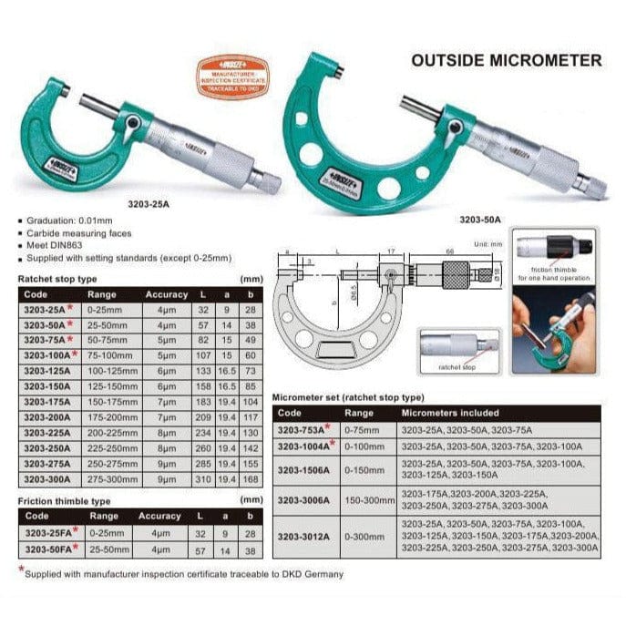 INSIZE Measuring Equipment Insize Metric Outside Micrometer 50-75mm Range Series 3203-75A