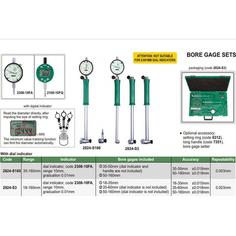 Insize Mechanical Bore Gauge 35-160 mm Range Series 2824-S160 - Twin Eagle Imports