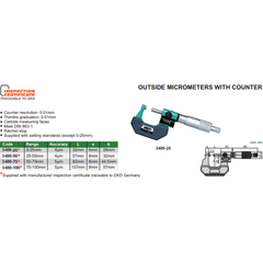 Insize Metric Outside Micrometer W/ Analog Counter 25-50mm Range Series 3400-50 - Twin Eagle Imports
