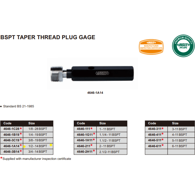 Insize Thread Plug Gauge 1/2"-14 BPST Series - 4646-1A14 - Twin Eagle Imports