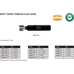 Insize Thread Plug Gauge 1/4"-19 BPST Series - 4646-1B19 - Twin Eagle Imports