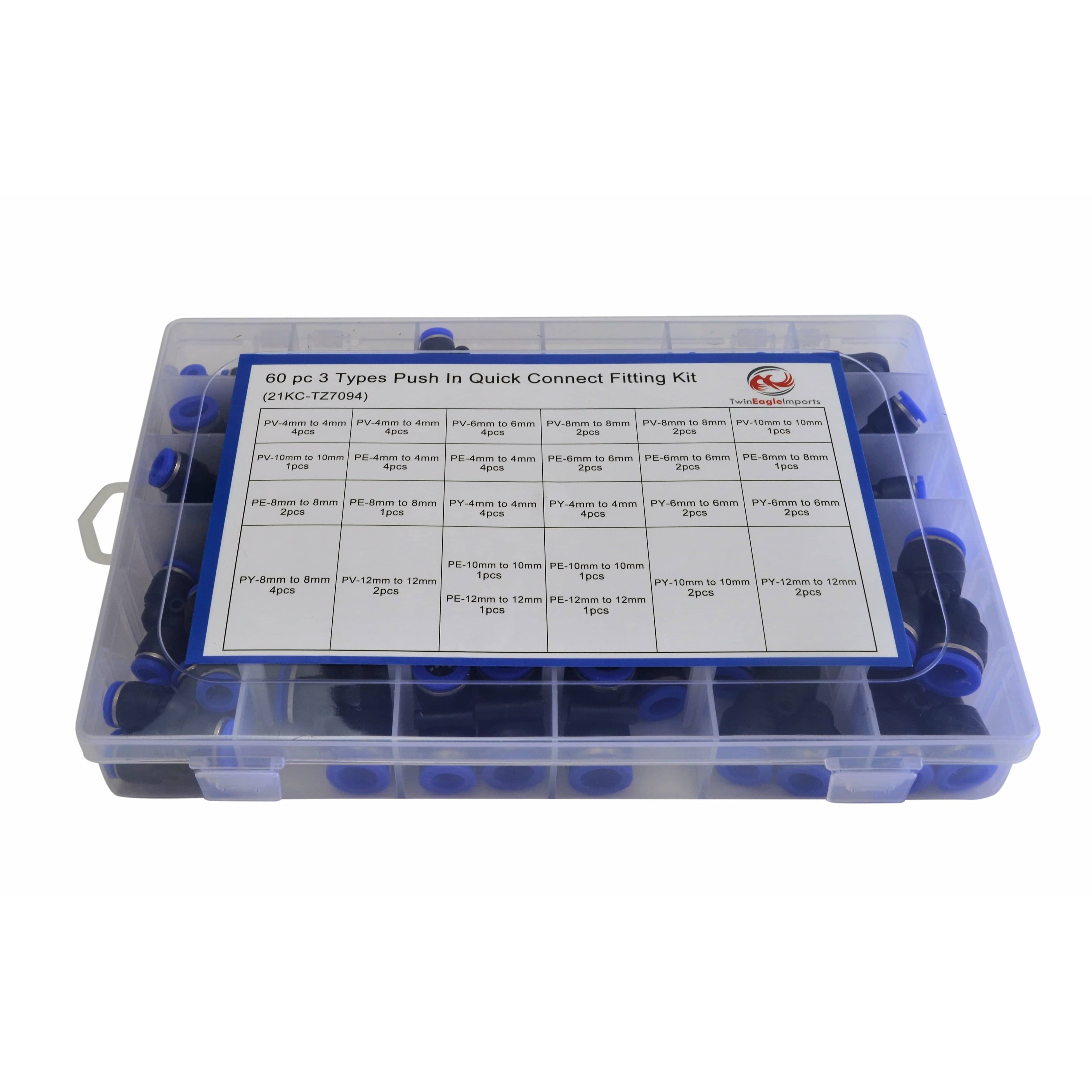 Twin Eagle Imports Grab Kits 60pc Metric Pneumatic Push in Air Line Hose Joiner Grab Kit Assortment